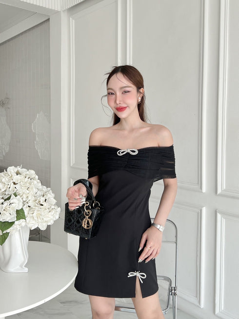 SIRINNN Mesh Off Shoulder Side Slit Mini Dresses
